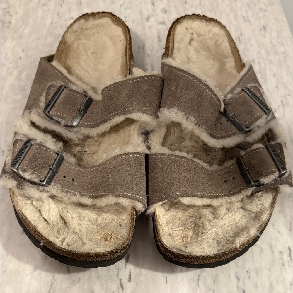 Birkenstock Taupe Suede Fuzzy Sandals 41 women
